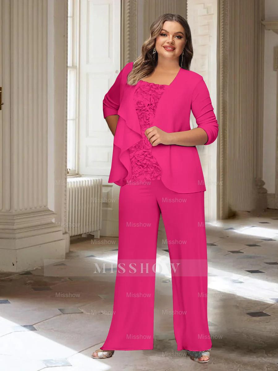 Plus Size Mother of the Bride Chiffon Pantsuit with Long Sleeves and Jacket