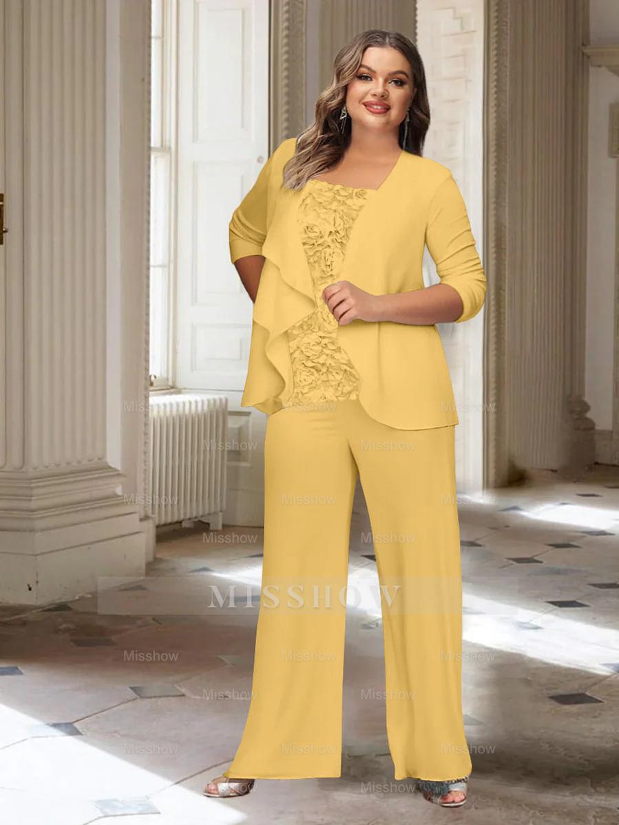 Plus Size Mother of the Bride Chiffon Pantsuit with Long Sleeves and Jacket