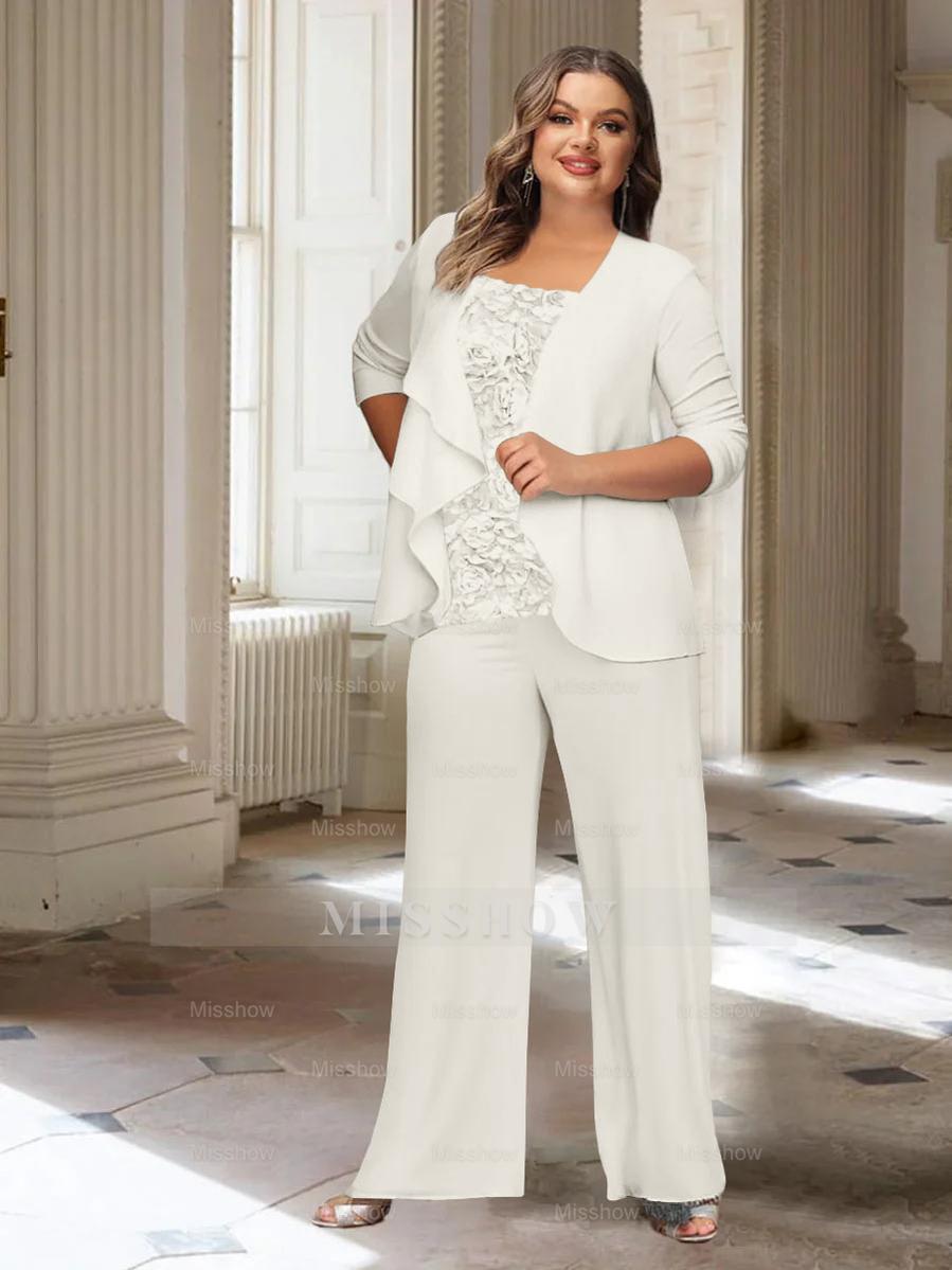 Plus Size Mother of the Bride Chiffon Pantsuit with Long Sleeves and Jacket