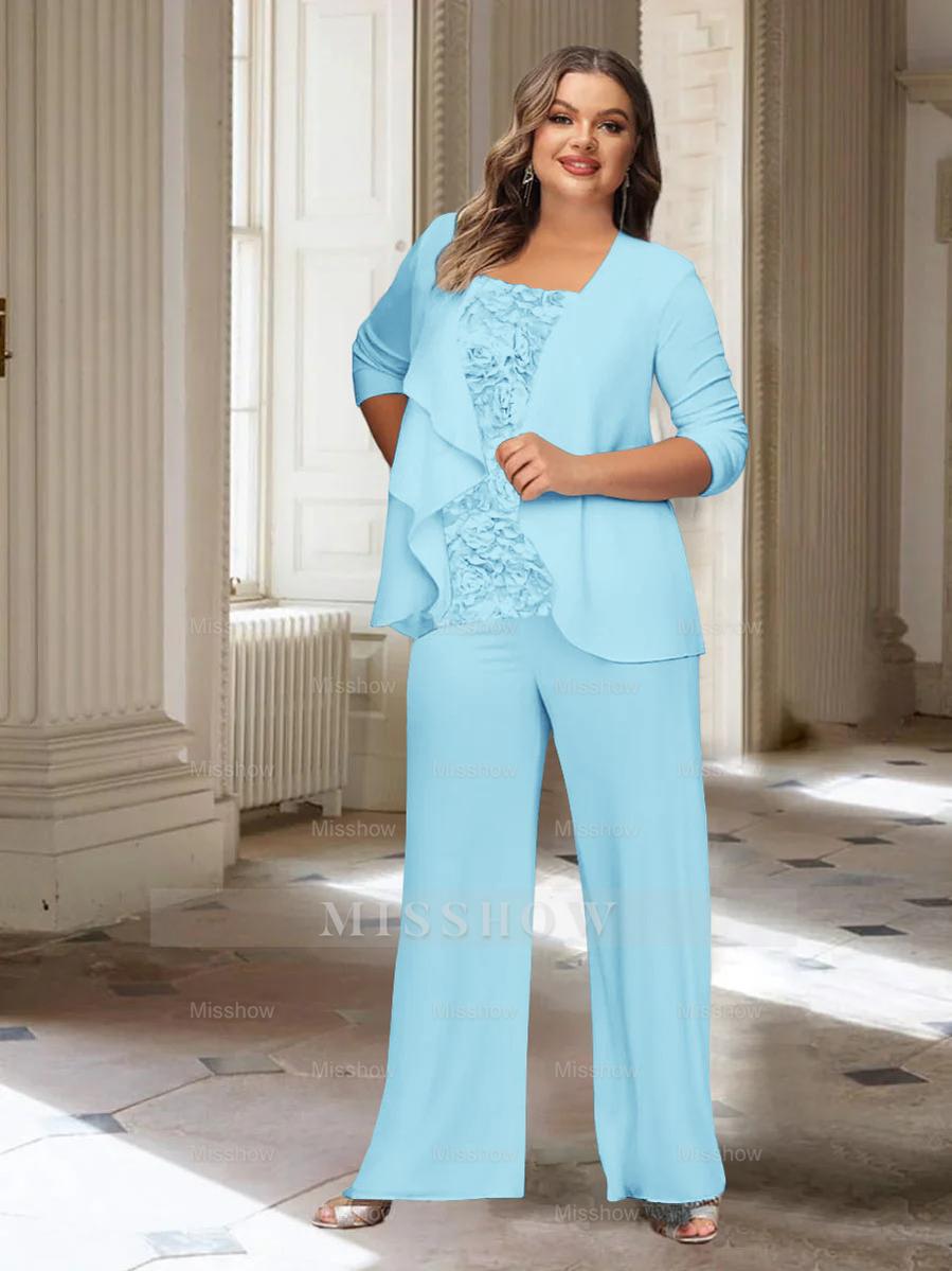 Plus Size Mother of the Bride Chiffon Pantsuit with Long Sleeves and Jacket