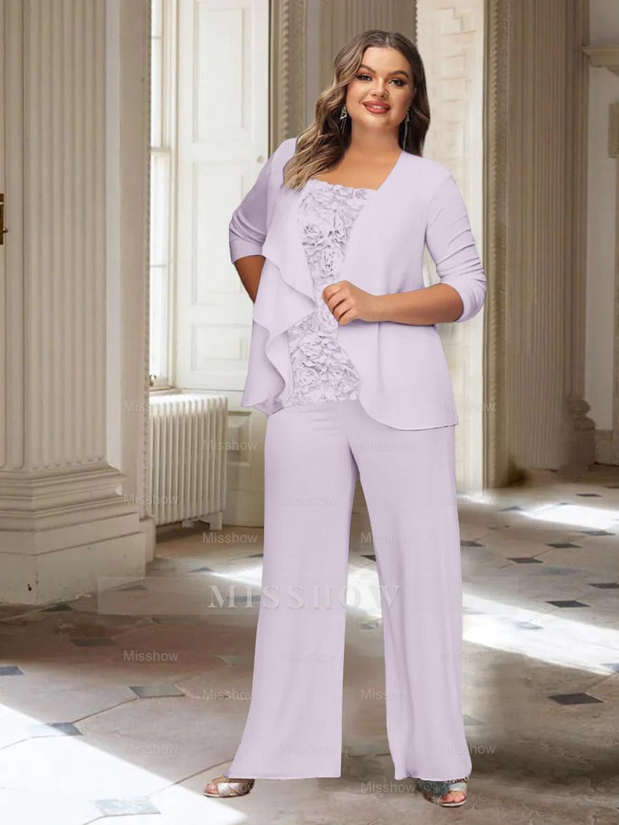 Plus Size Mother of the Bride Chiffon Pantsuit with Long Sleeves and Jacket