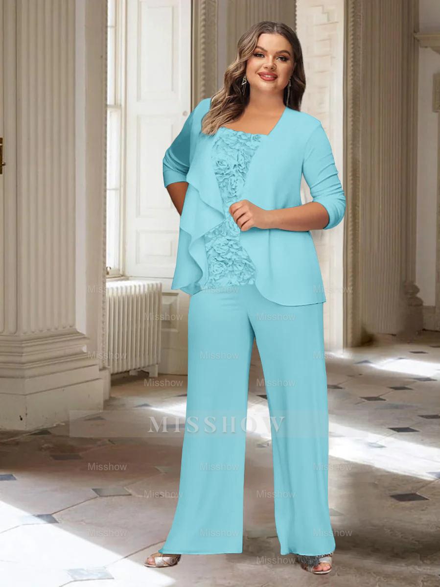 Plus Size Mother of the Bride Chiffon Pantsuit with Long Sleeves and Jacket