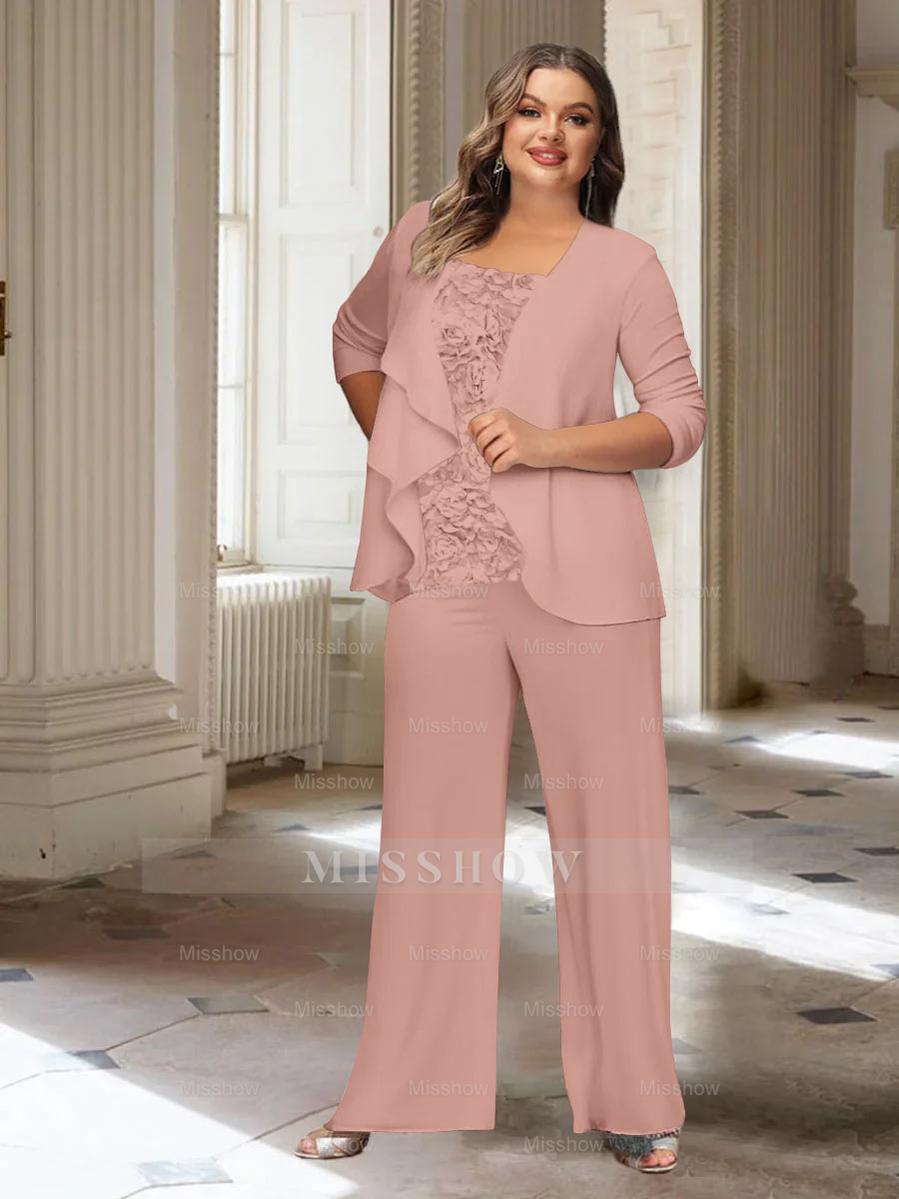 Plus Size Mother of the Bride Chiffon Pantsuit with Long Sleeves and Jacket
