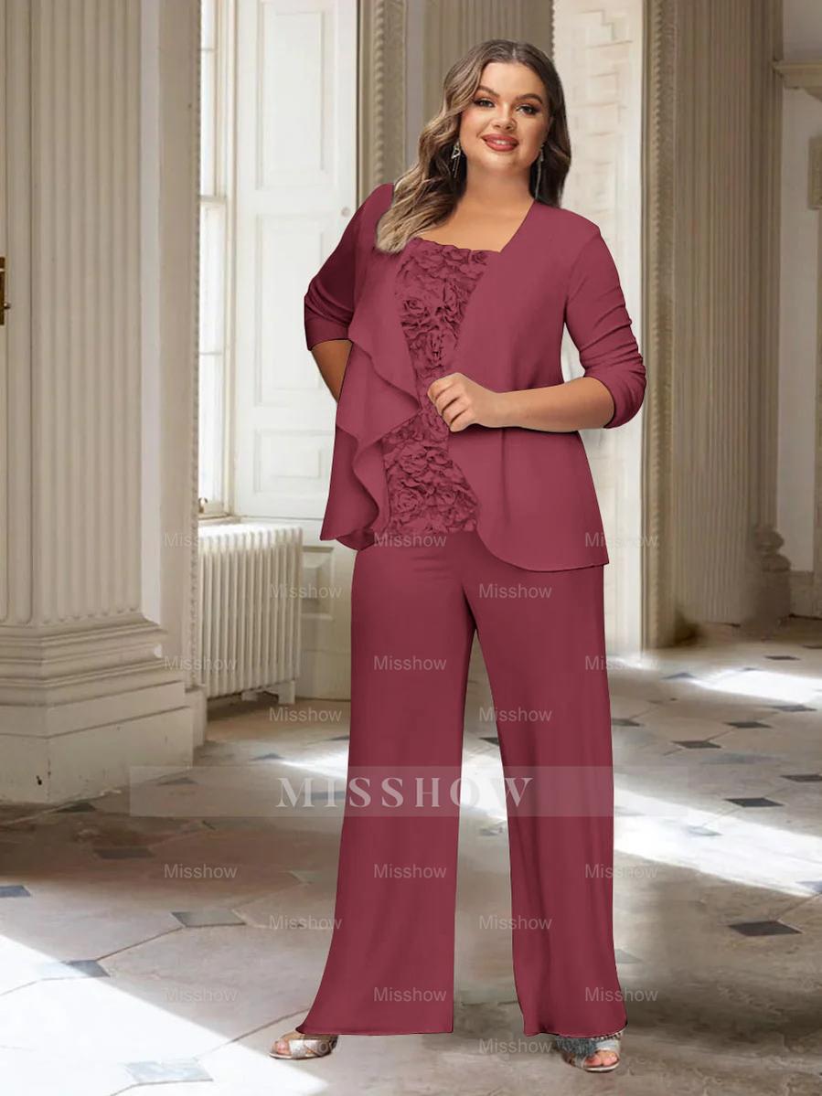 Plus Size Mother of the Bride Chiffon Pantsuit with Long Sleeves and Jacket