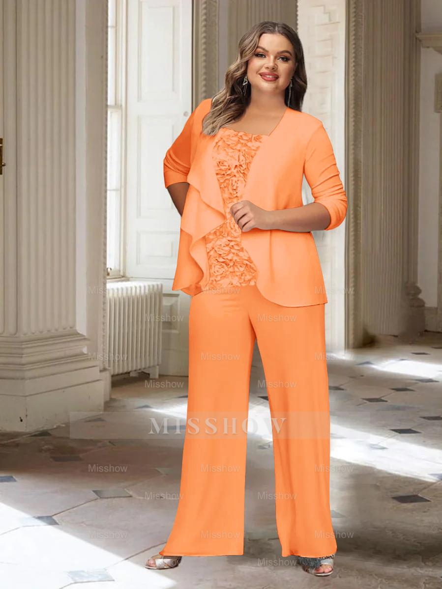 Plus Size Mother of the Bride Chiffon Pantsuit with Long Sleeves and Jacket