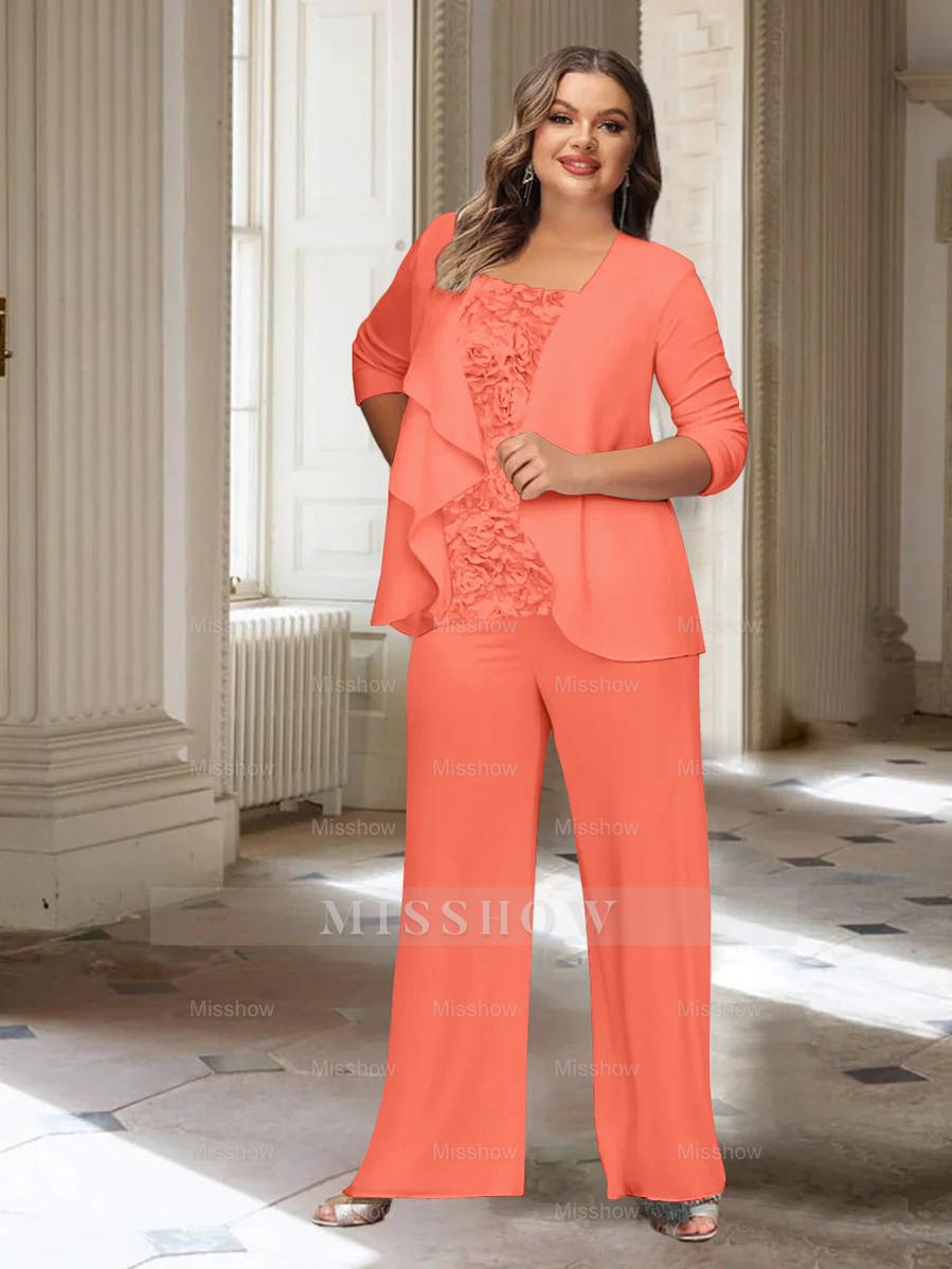Plus Size Mother of the Bride Chiffon Pantsuit with Long Sleeves and Jacket