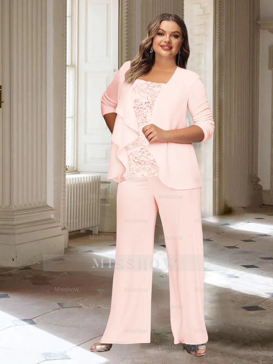 Plus Size Mother of the Bride Chiffon Pantsuit with Long Sleeves and Jacket