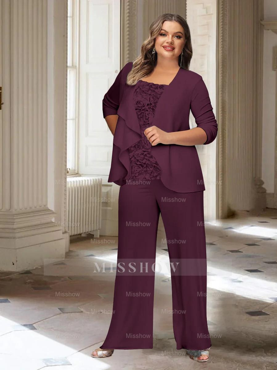 Plus Size Mother of the Bride Chiffon Pantsuit with Long Sleeves and Jacket