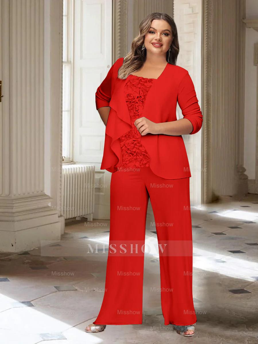 Plus Size Mother of the Bride Chiffon Pantsuit with Long Sleeves and Jacket