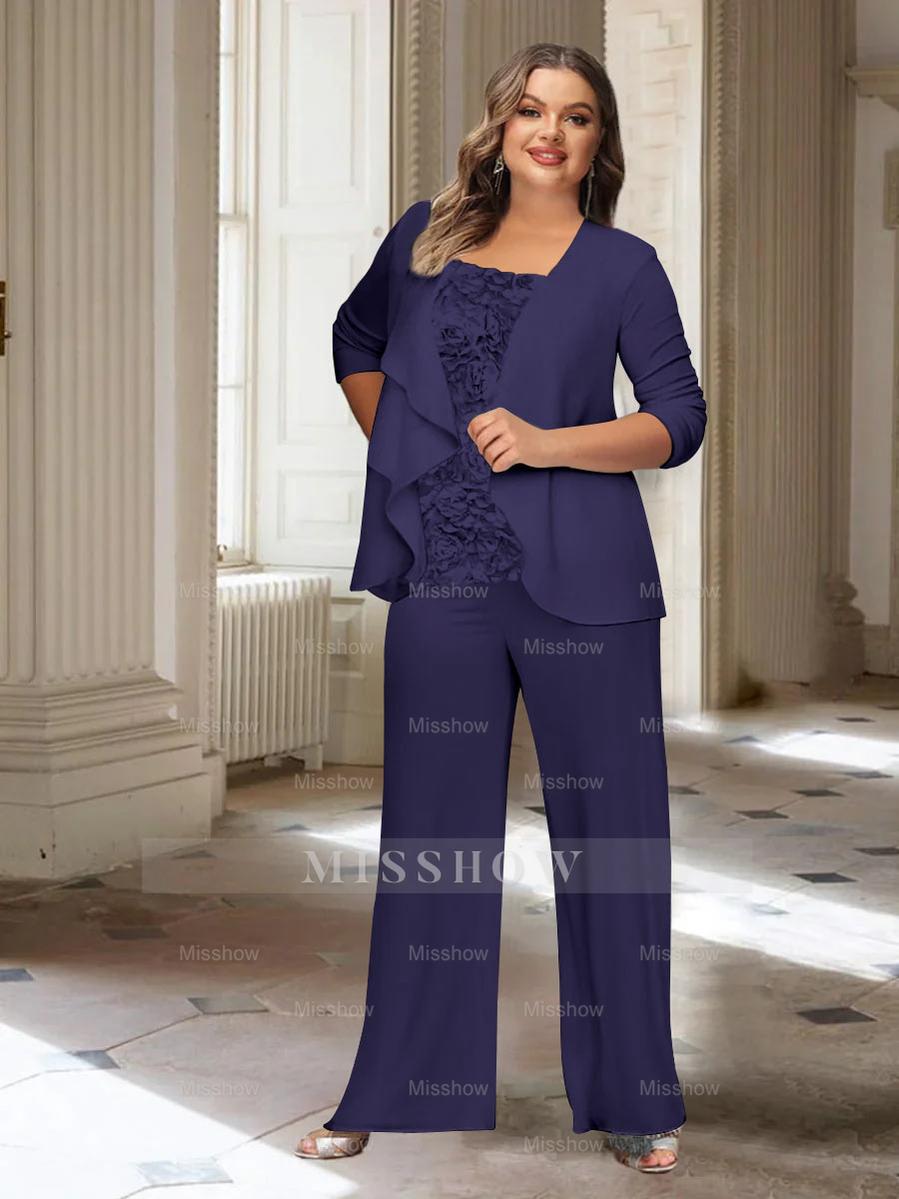 Plus Size Mother of the Bride Chiffon Pantsuit with Long Sleeves and Jacket