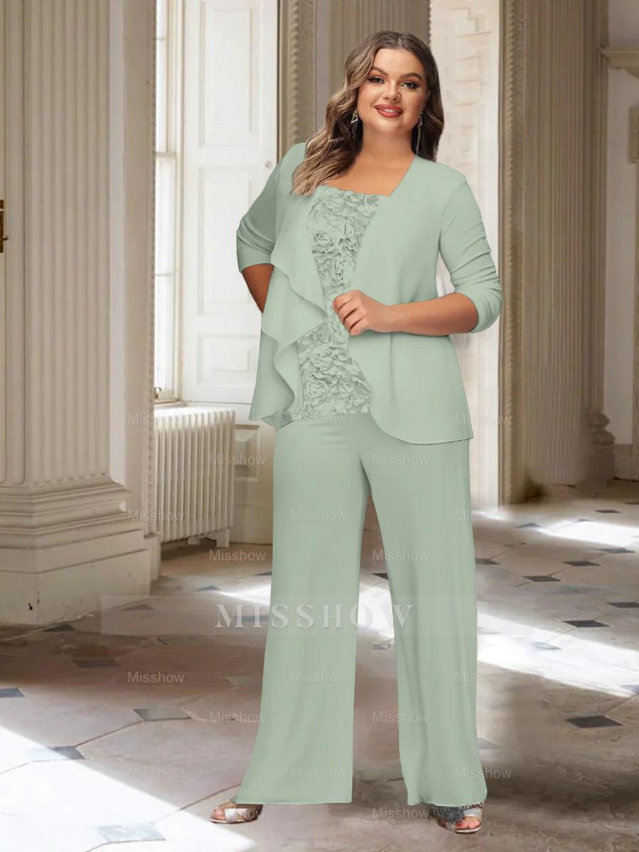 Plus Size Mother of the Bride Chiffon Pantsuit with Long Sleeves and Jacket
