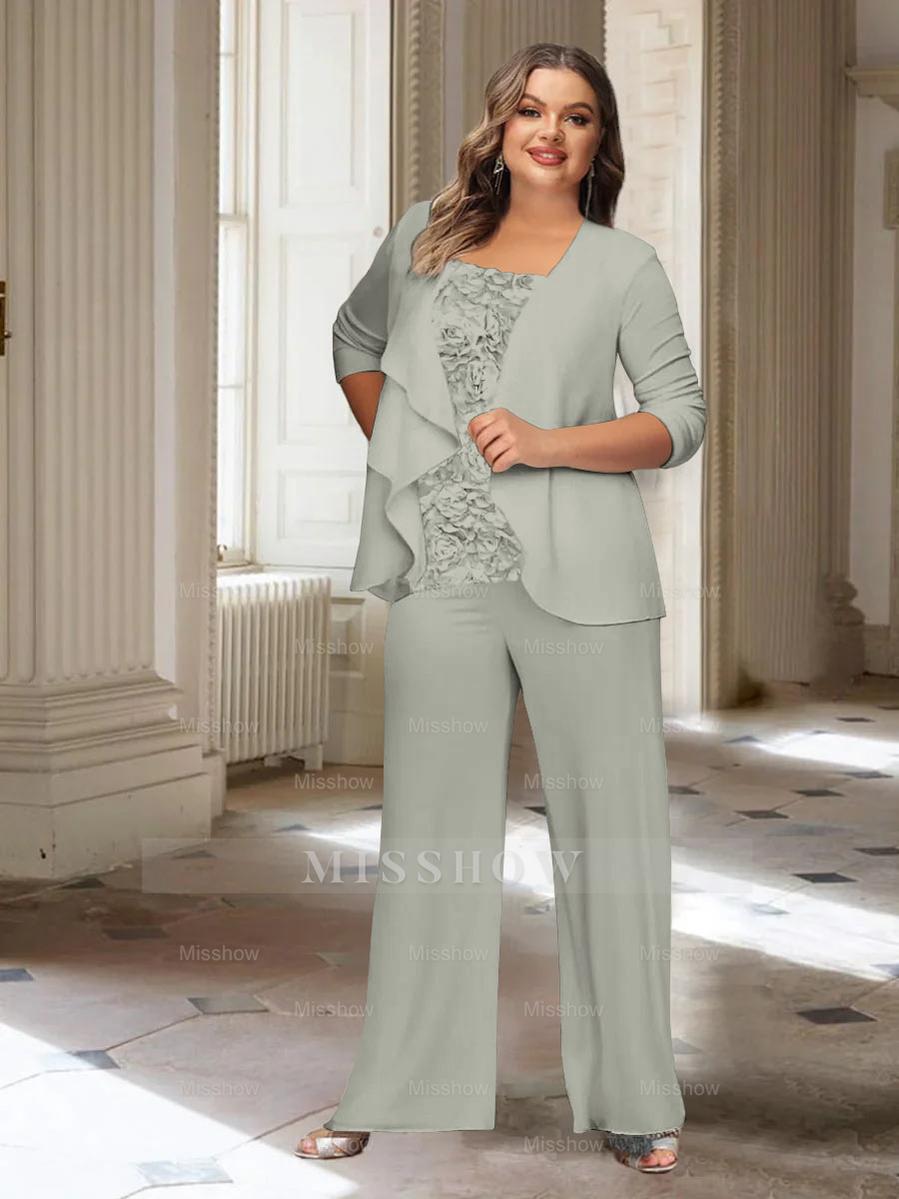 Plus Size Mother of the Bride Chiffon Pantsuit with Long Sleeves and Jacket