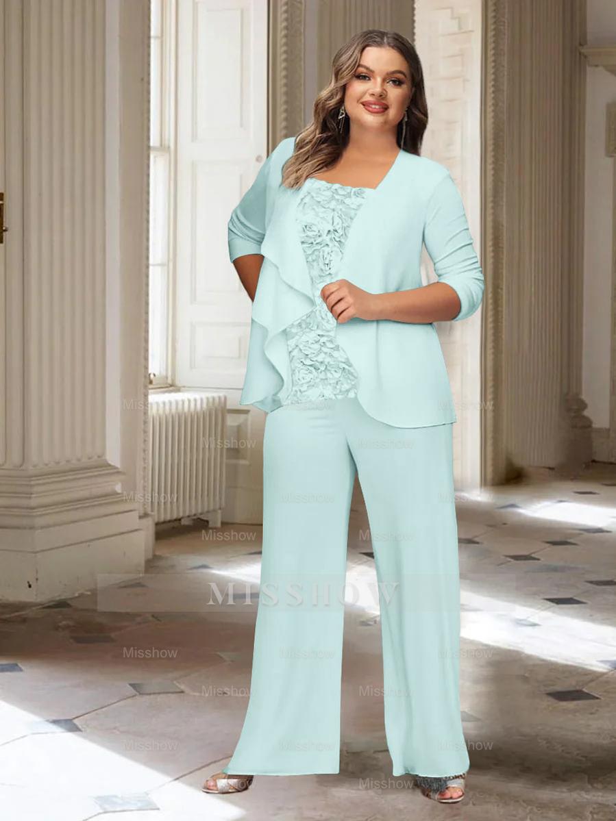 Plus Size Mother of the Bride Chiffon Pantsuit with Long Sleeves and Jacket