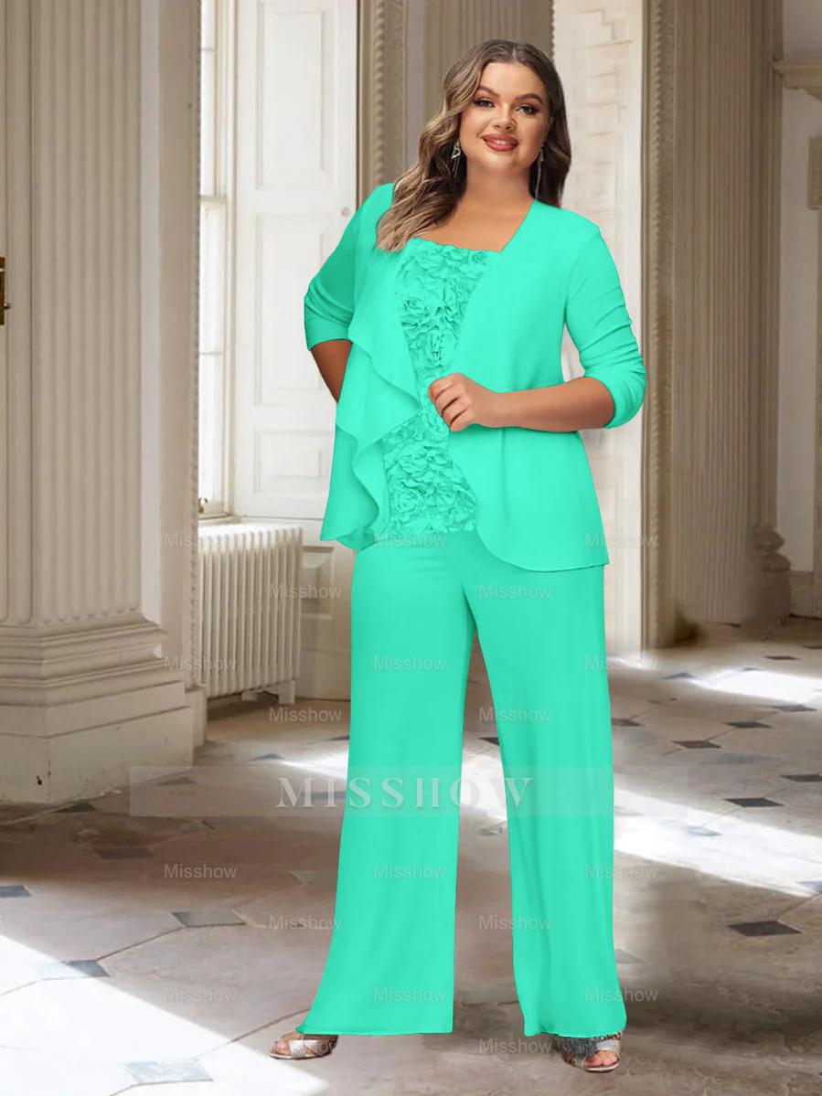 Plus Size Mother of the Bride Chiffon Pantsuit with Long Sleeves and Jacket