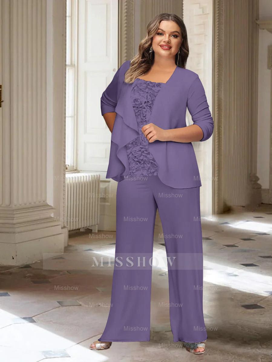 Plus Size Mother of the Bride Chiffon Pantsuit with Long Sleeves and Jacket