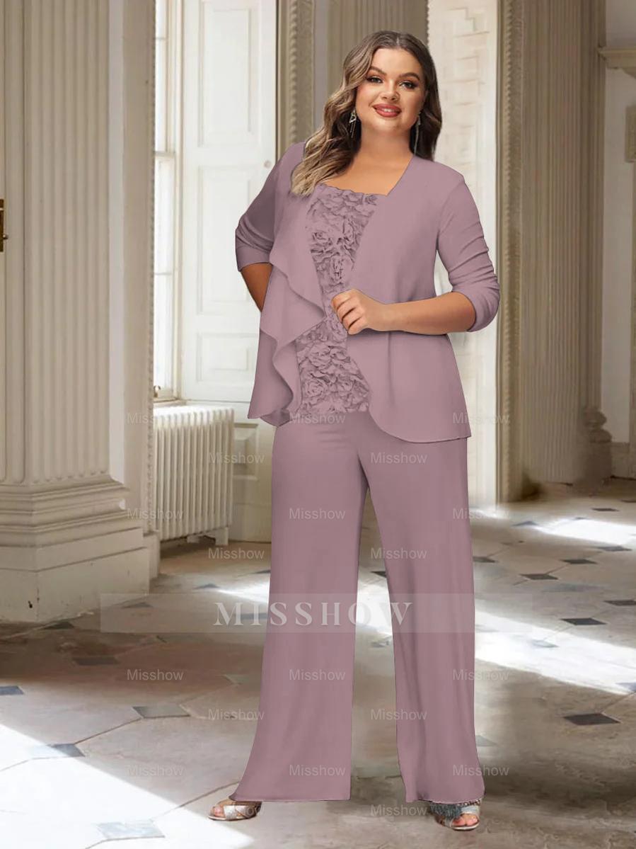Plus Size Mother of the Bride Chiffon Pantsuit with Long Sleeves and Jacket