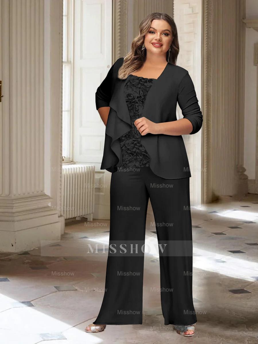 Plus Size Mother of the Bride Chiffon Pantsuit with Long Sleeves and Jacket