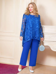 Plus Size Mother of the Bride Scoop Neck Chiffon Pantsuit with Appliques