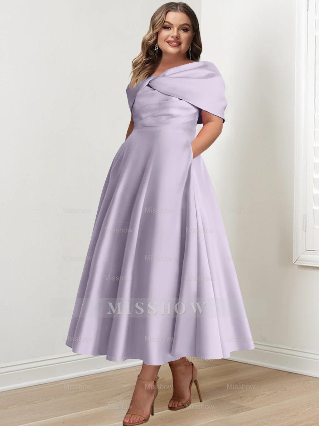 Plus Size Off-The-Shoulder A-Line Princess Ankle-Length Mother Of The Bride Dress With Ruffles & Bowknot