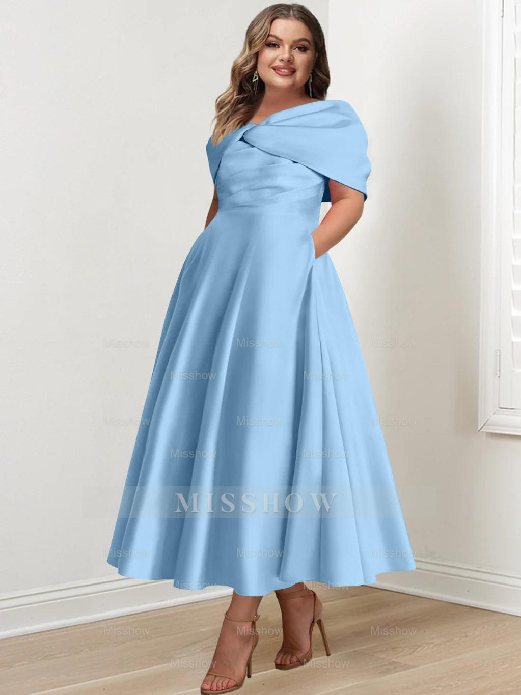 Plus Size Off-The-Shoulder A-Line Princess Ankle-Length Mother Of The Bride Dress With Ruffles & Bowknot