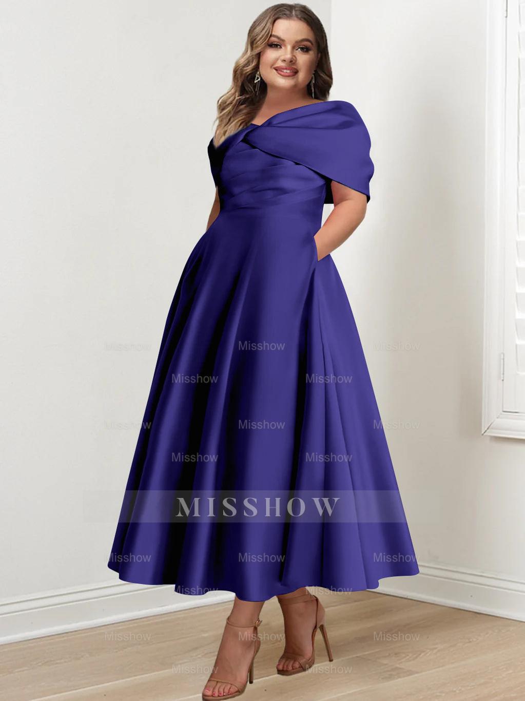 Plus Size Off-The-Shoulder A-Line Princess Ankle-Length Mother Of The Bride Dress With Ruffles & Bowknot