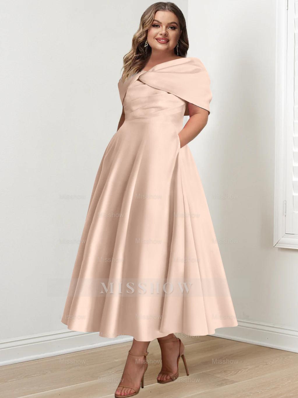 Plus Size Off-The-Shoulder A-Line Princess Ankle-Length Mother Of The Bride Dress With Ruffles & Bowknot