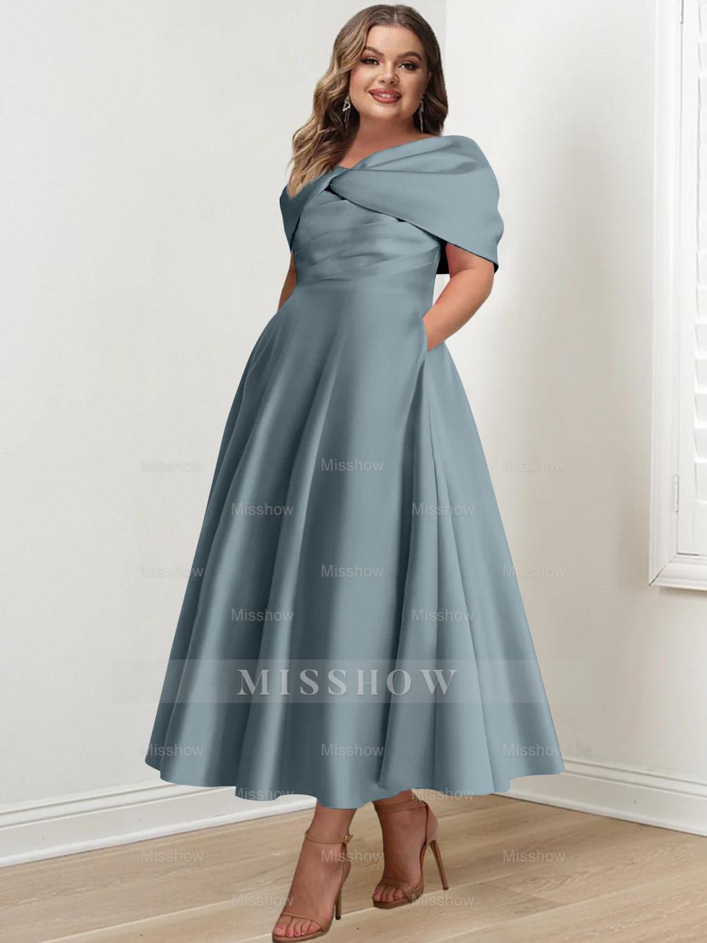 Plus Size Off-The-Shoulder A-Line Princess Ankle-Length Mother Of The Bride Dress With Ruffles & Bowknot