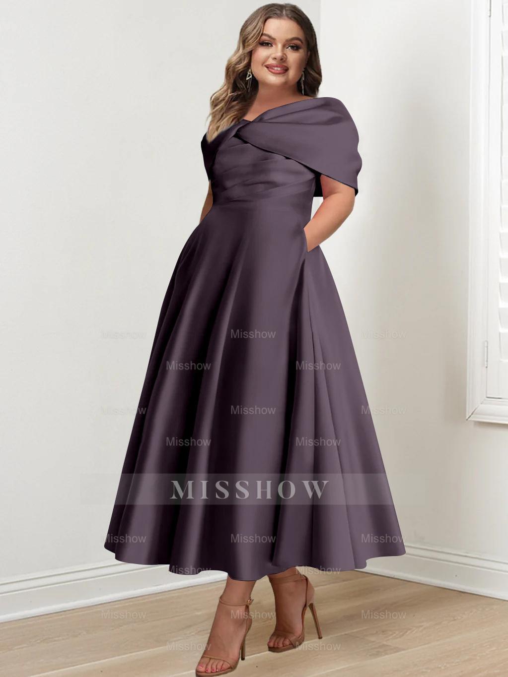 Plus Size Off-The-Shoulder A-Line Princess Ankle-Length Mother Of The Bride Dress With Ruffles & Bowknot