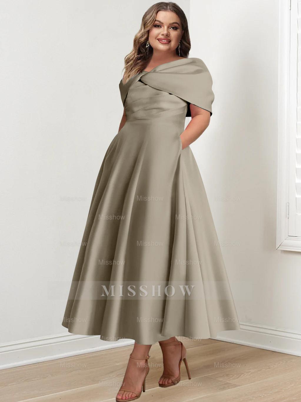 Plus Size Off-The-Shoulder A-Line Princess Ankle-Length Mother Of The Bride Dress With Ruffles & Bowknot