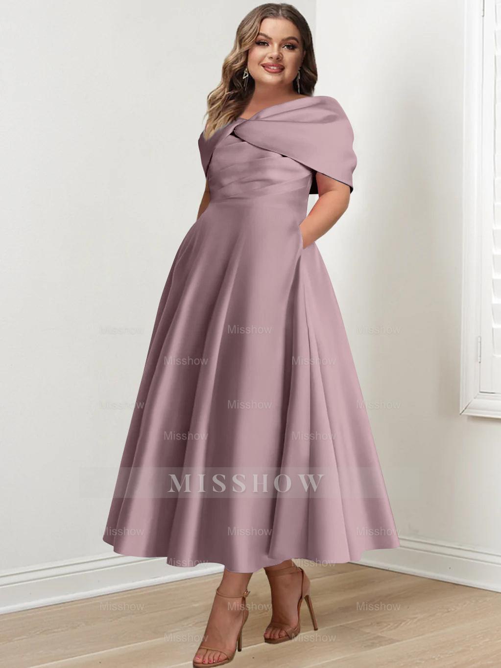 Plus Size Off-The-Shoulder A-Line Princess Ankle-Length Mother Of The Bride Dress With Ruffles & Bowknot