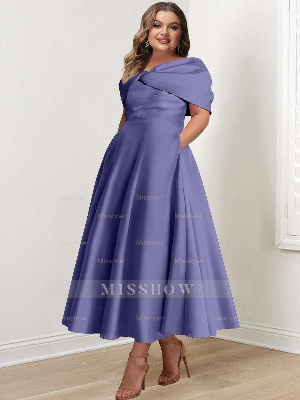 Plus Size Off-The-Shoulder A-Line Princess Ankle-Length Mother Of The Bride Dress With Ruffles & Bowknot