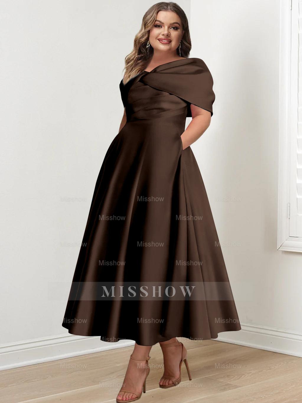 Plus Size Off-The-Shoulder A-Line Princess Ankle-Length Mother Of The Bride Dress With Ruffles & Bowknot