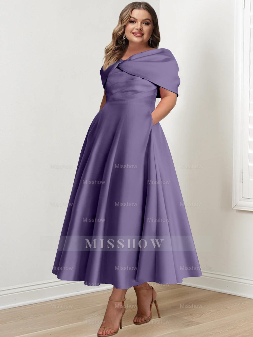 Plus Size Off-The-Shoulder A-Line Princess Ankle-Length Mother Of The Bride Dress With Ruffles & Bowknot