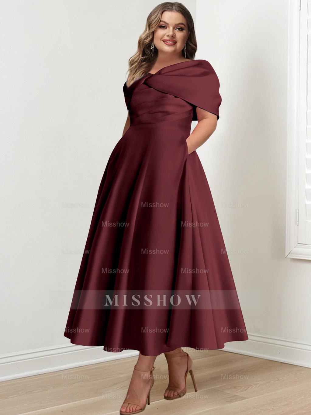 Plus Size Off-The-Shoulder A-Line Princess Ankle-Length Mother Of The Bride Dress With Ruffles & Bowknot
