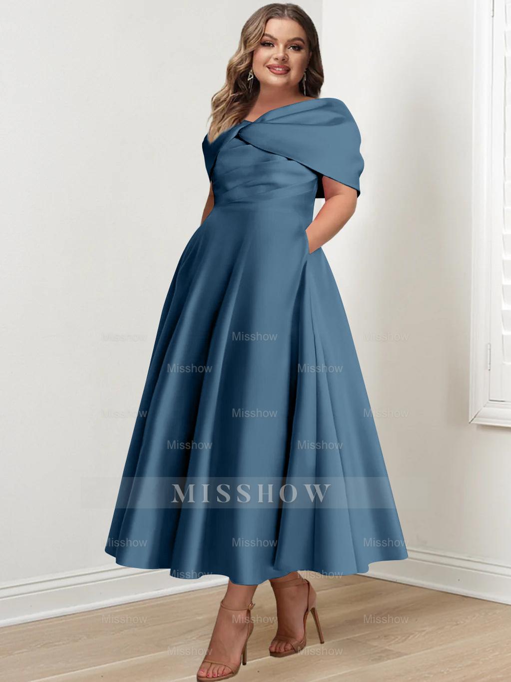 Plus Size Off-The-Shoulder A-Line Princess Ankle-Length Mother Of The Bride Dress With Ruffles & Bowknot