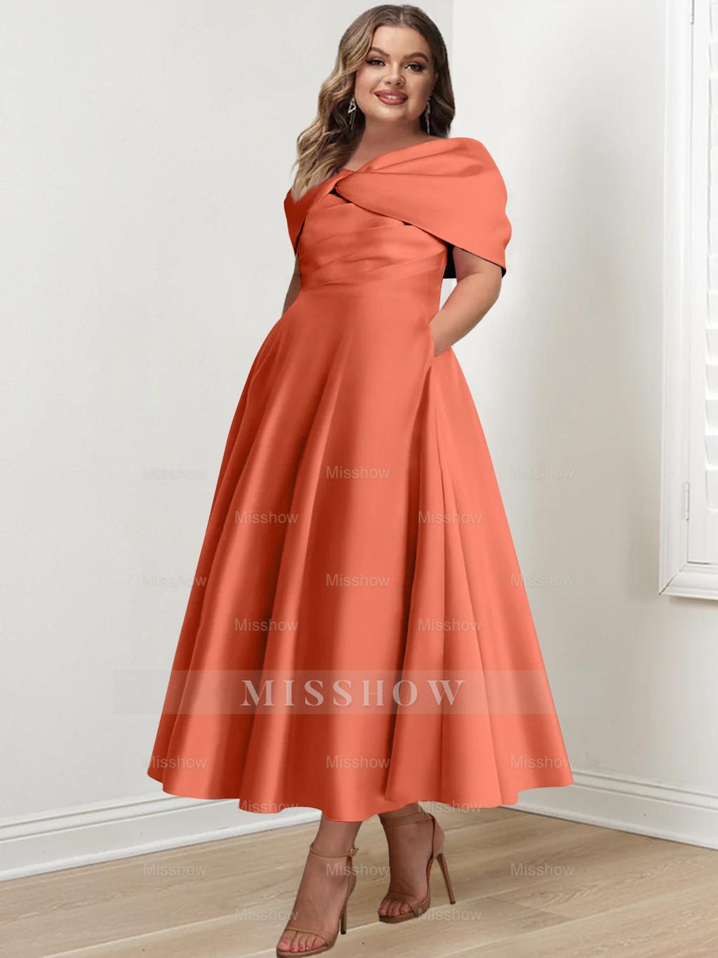 Plus Size Off-The-Shoulder A-Line Princess Ankle-Length Mother Of The Bride Dress With Ruffles & Bowknot