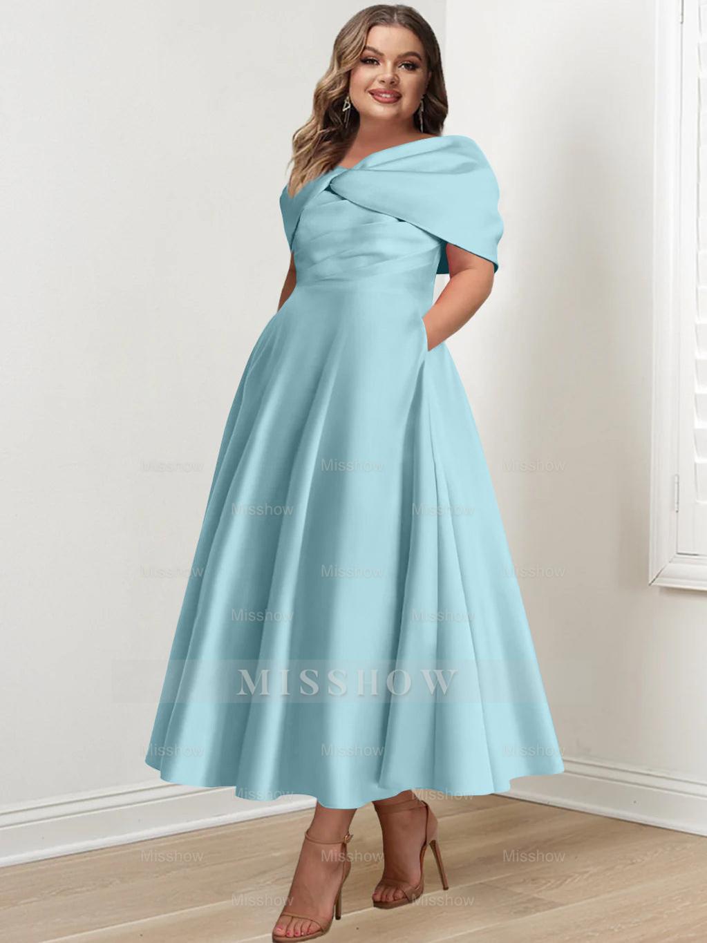 Plus Size Off-The-Shoulder A-Line Princess Ankle-Length Mother Of The Bride Dress With Ruffles & Bowknot