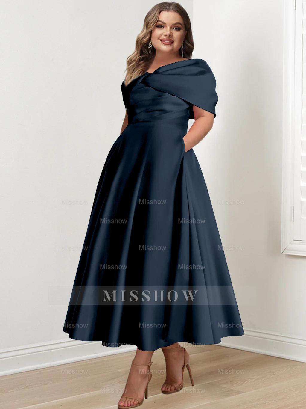 Plus Size Off-The-Shoulder A-Line Princess Ankle-Length Mother Of The Bride Dress With Ruffles & Bowknot