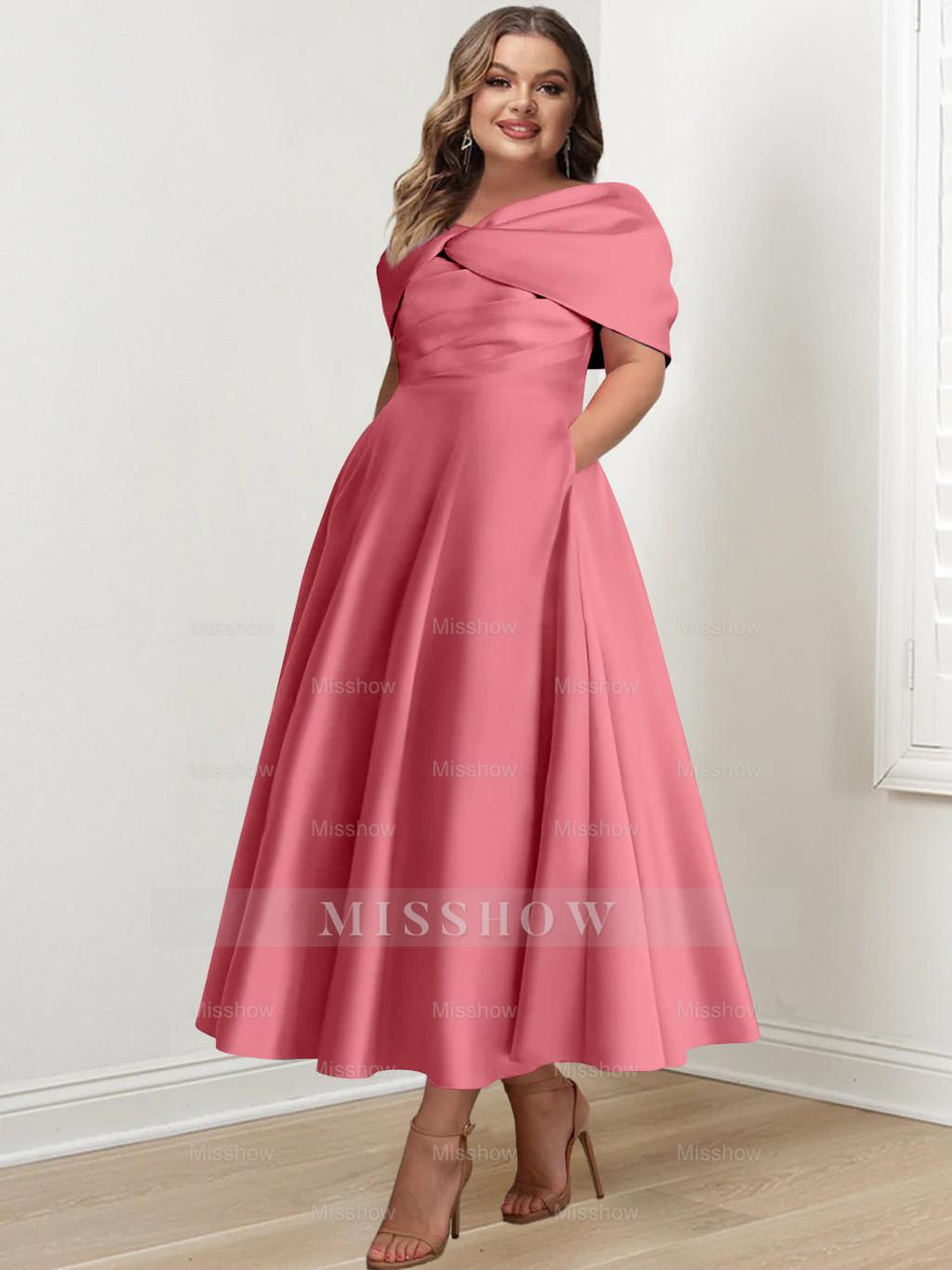 Plus Size Off-The-Shoulder A-Line Princess Ankle-Length Mother Of The Bride Dress With Ruffles & Bowknot