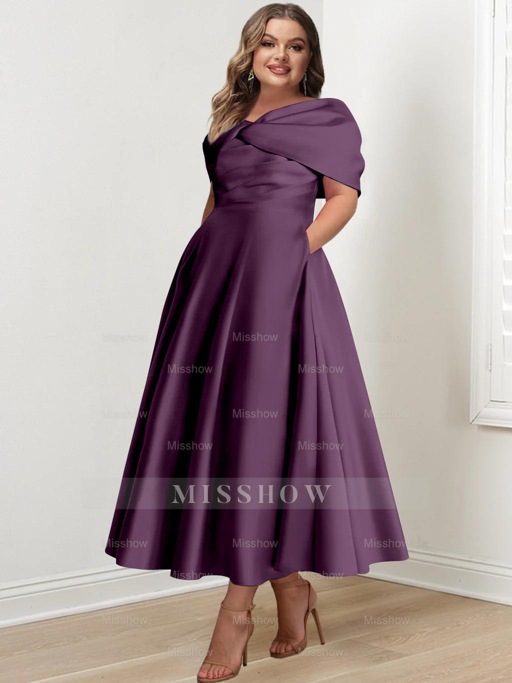 Plus Size Off-The-Shoulder A-Line Princess Ankle-Length Mother Of The Bride Dress With Ruffles & Bowknot