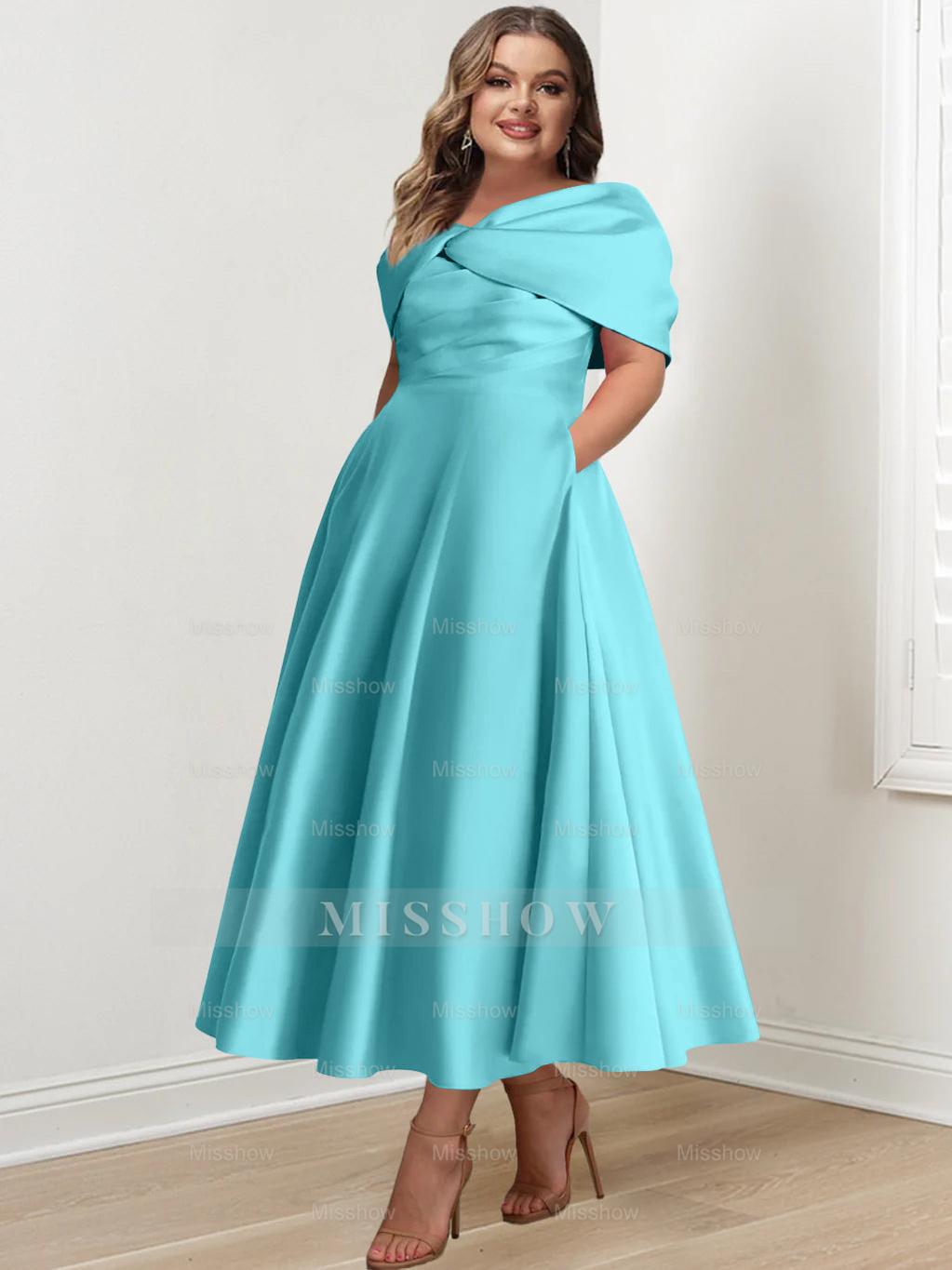 Plus Size Off-The-Shoulder A-Line Princess Ankle-Length Mother Of The Bride Dress With Ruffles & Bowknot