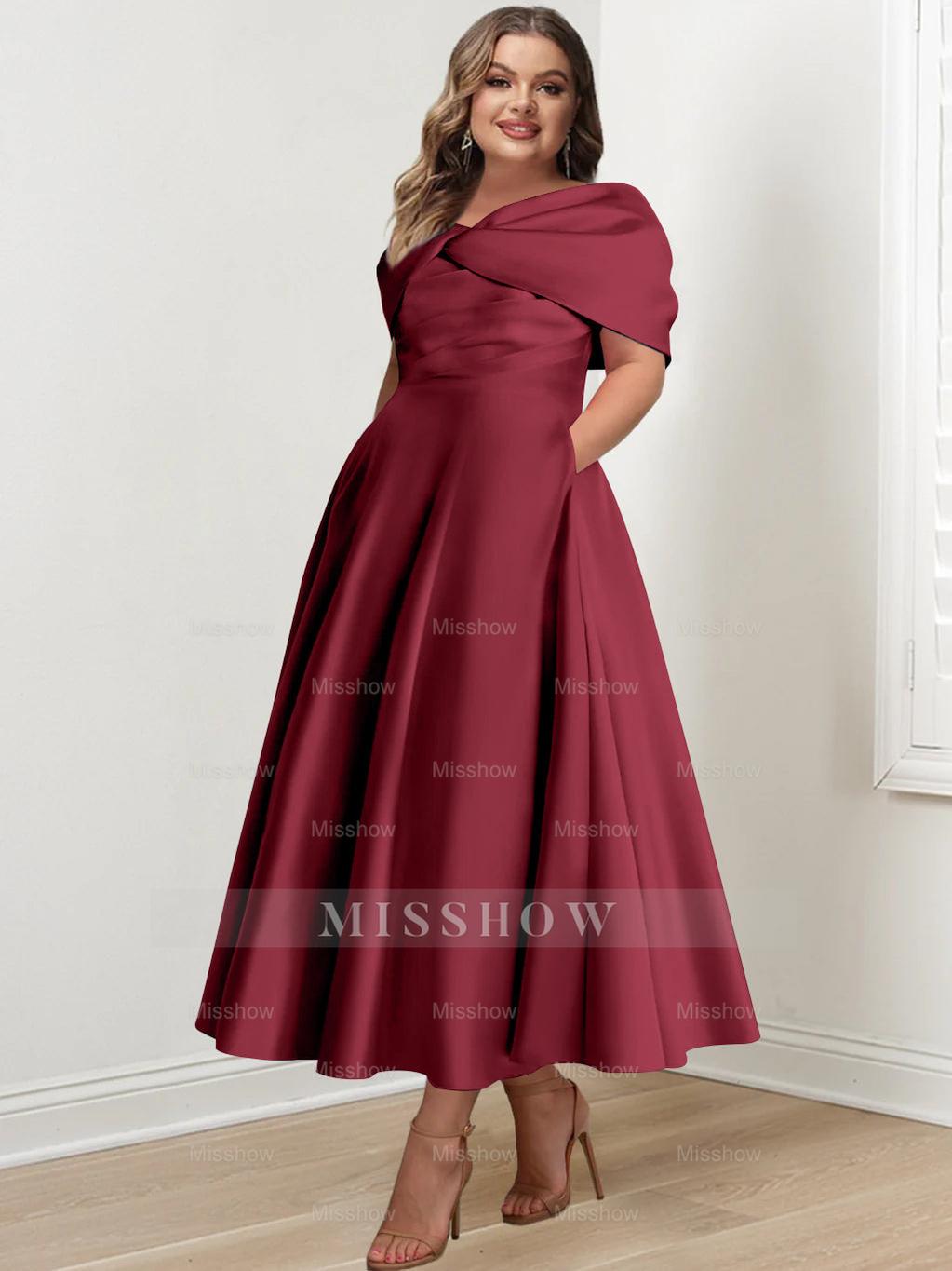 Plus Size Off-The-Shoulder A-Line Princess Ankle-Length Mother Of The Bride Dress With Ruffles & Bowknot