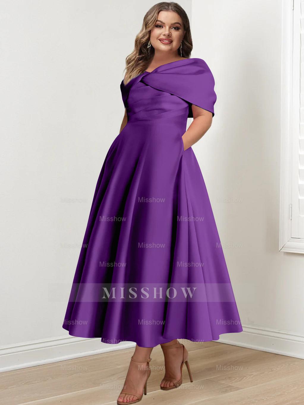 Plus Size Off-The-Shoulder A-Line Princess Ankle-Length Mother Of The Bride Dress With Ruffles & Bowknot