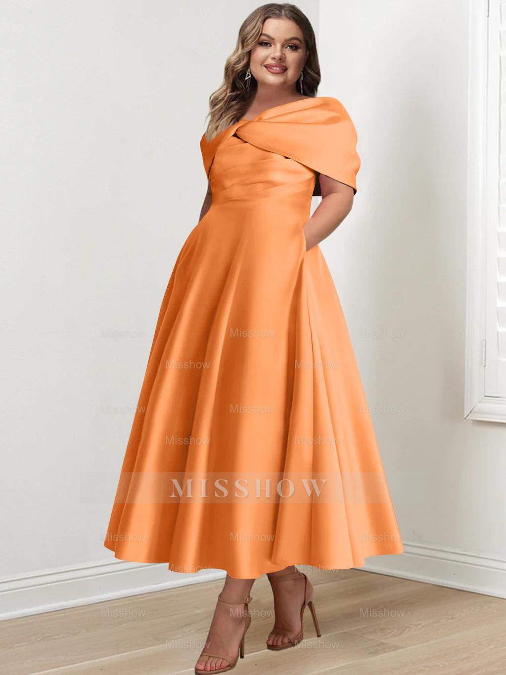 Plus Size Off-The-Shoulder A-Line Princess Ankle-Length Mother Of The Bride Dress With Ruffles & Bowknot