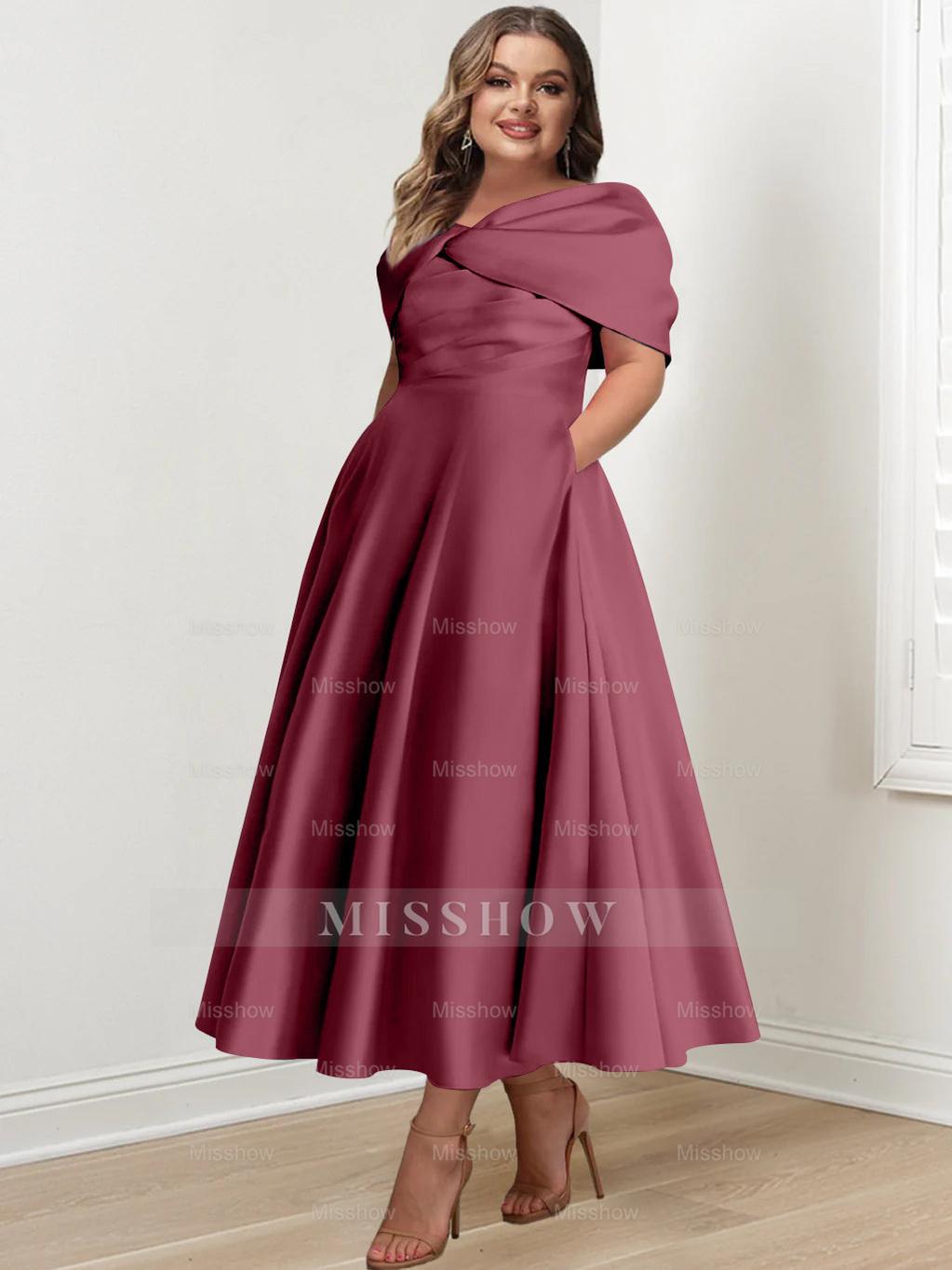 Plus Size Off-The-Shoulder A-Line Princess Ankle-Length Mother Of The Bride Dress With Ruffles & Bowknot