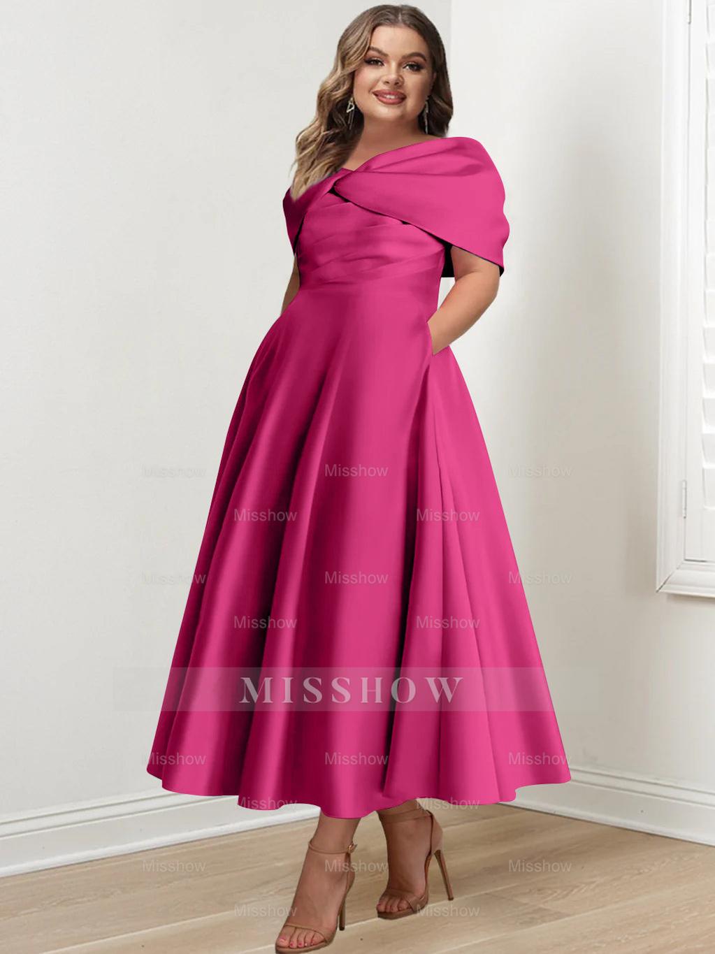 Plus Size Off-The-Shoulder A-Line Princess Ankle-Length Mother Of The Bride Dress With Ruffles & Bowknot