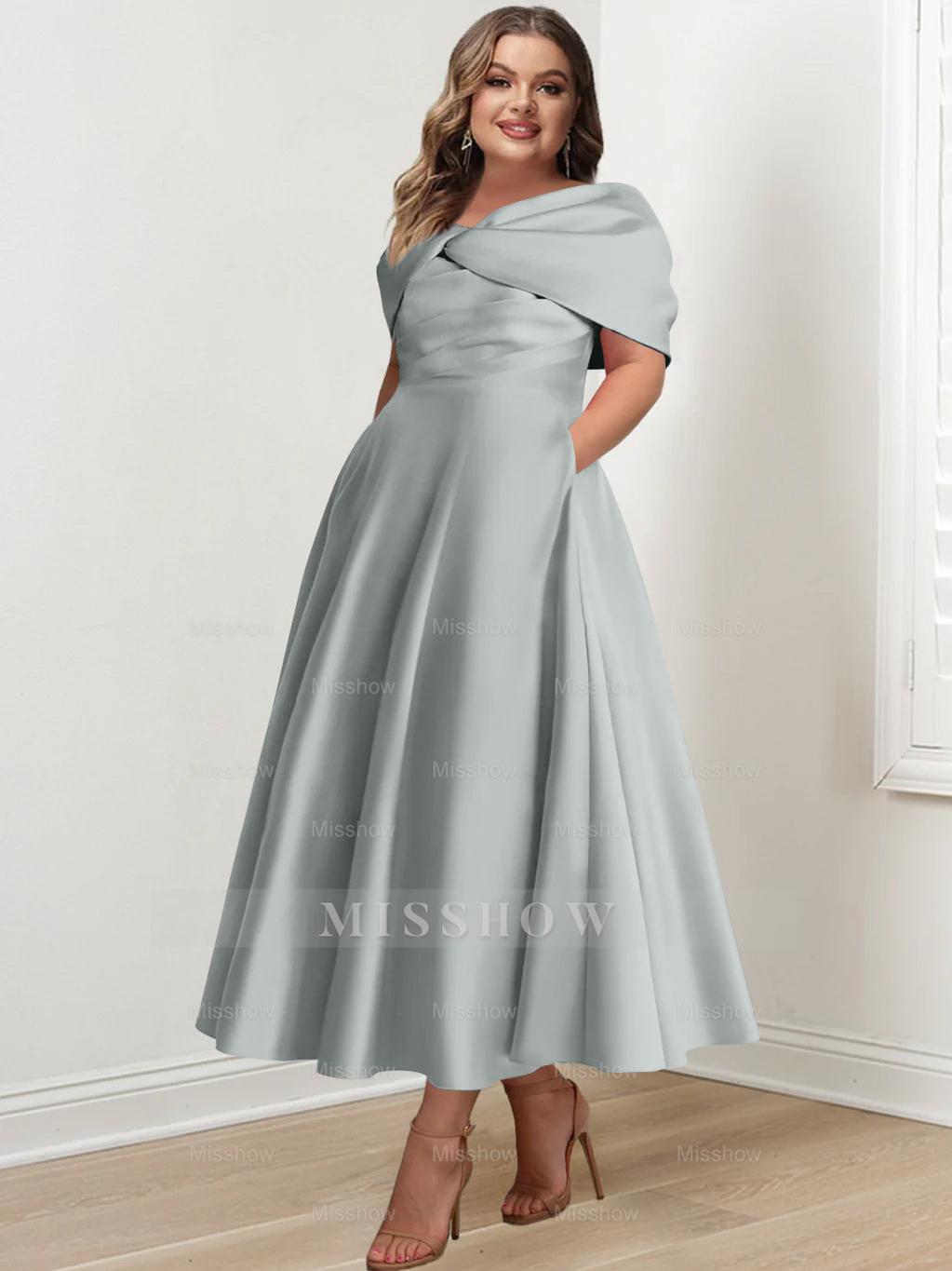 Plus Size Off-The-Shoulder A-Line Princess Ankle-Length Mother Of The Bride Dress With Ruffles & Bowknot