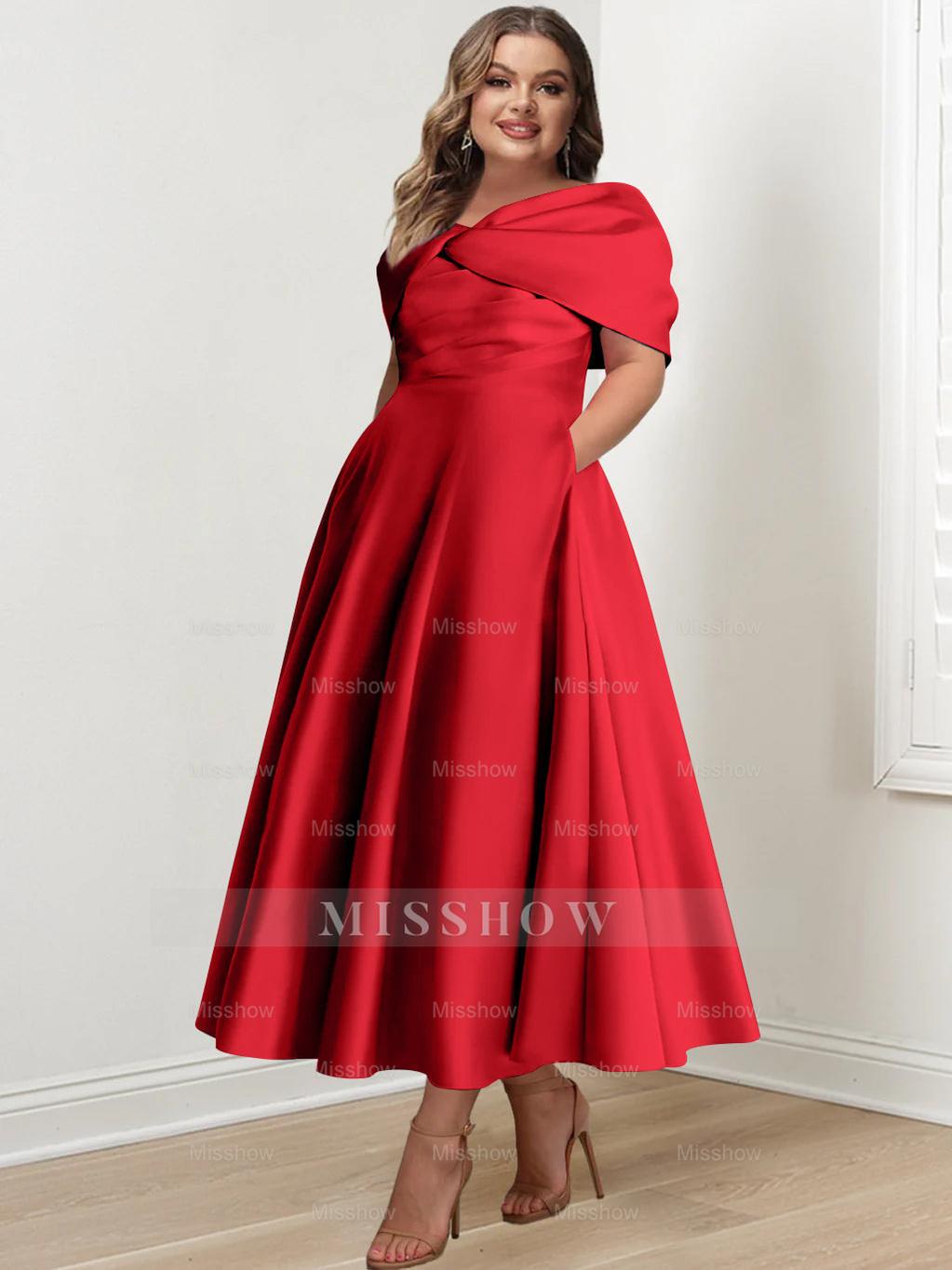 Plus Size Off-The-Shoulder A-Line Princess Ankle-Length Mother Of The Bride Dress With Ruffles & Bowknot