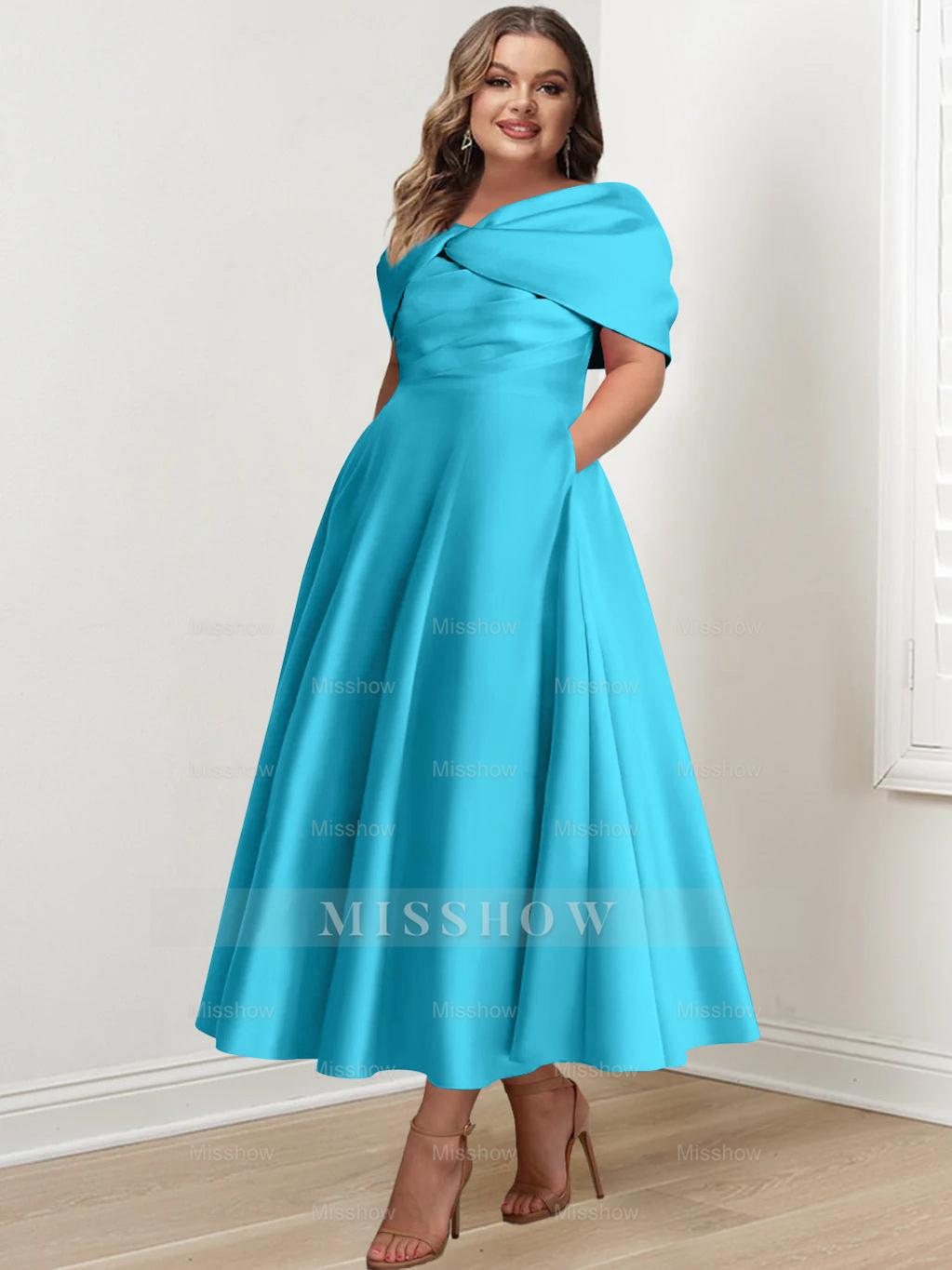 Plus Size Off-The-Shoulder A-Line Princess Ankle-Length Mother Of The Bride Dress With Ruffles & Bowknot
