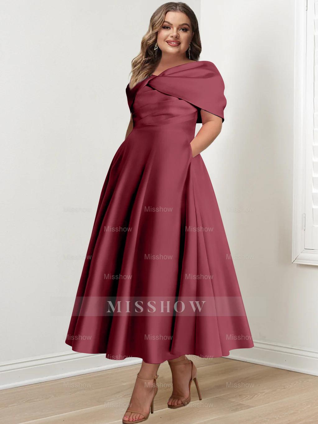 Plus Size Off-The-Shoulder A-Line Princess Ankle-Length Mother Of The Bride Dress With Ruffles & Bowknot